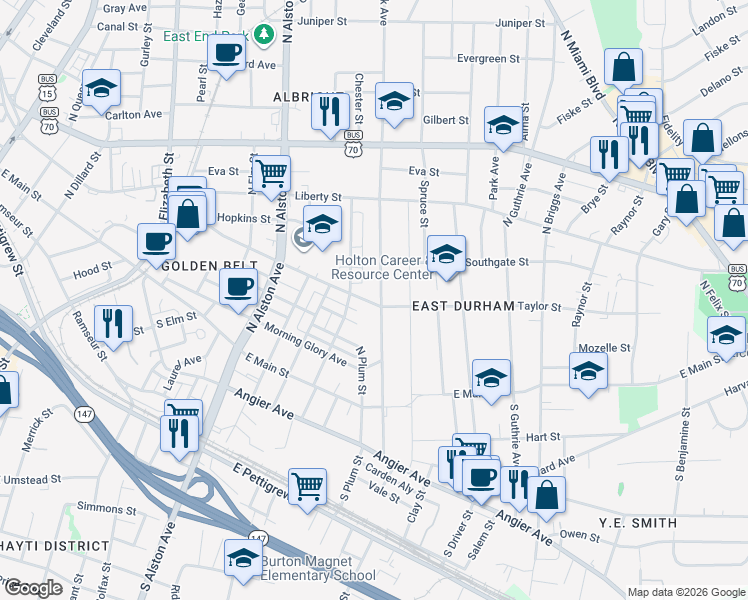 map of restaurants, bars, coffee shops, grocery stores, and more near 409 North Hyde Park Avenue in Durham