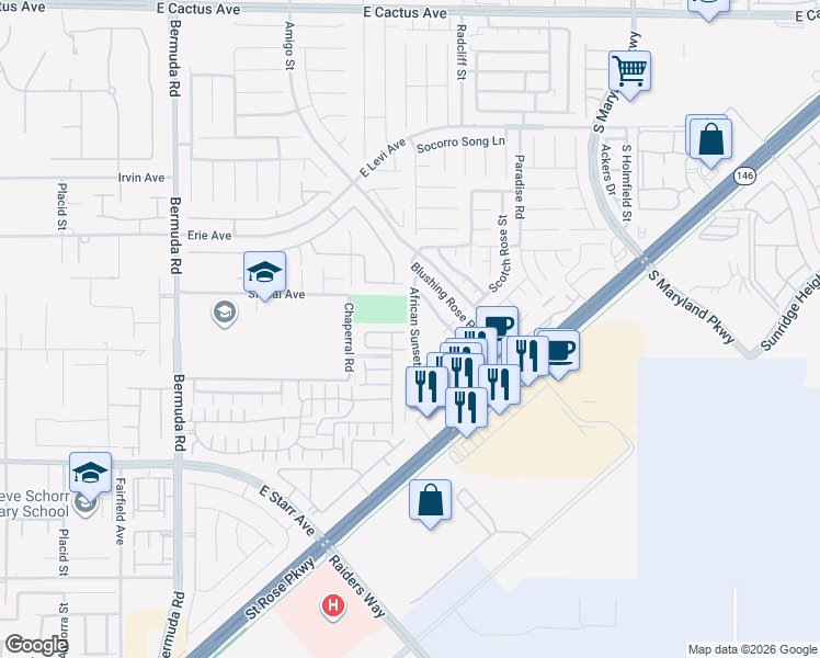 map of restaurants, bars, coffee shops, grocery stores, and more near 11043 African Sunset Street in Henderson