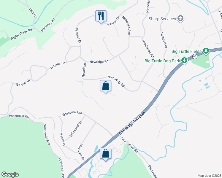 map of restaurants, bars, coffee shops, grocery stores, and more near 109 Norway Lane in Oak Ridge