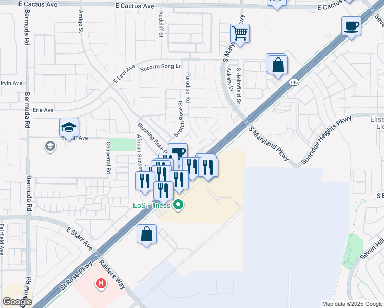 map of restaurants, bars, coffee shops, grocery stores, and more near 11088 Amigo Street in Henderson