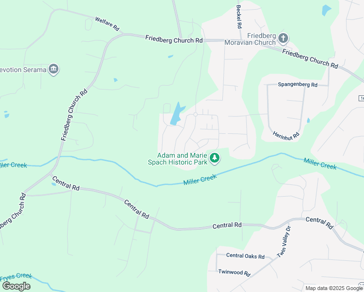 map of restaurants, bars, coffee shops, grocery stores, and more near 1002 Friedberg Village Drive in Winston-Salem
