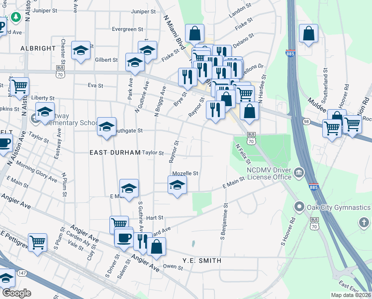 map of restaurants, bars, coffee shops, grocery stores, and more near 2314 Quincy Street in Durham