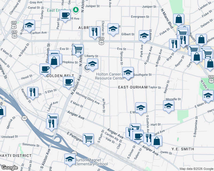 map of restaurants, bars, coffee shops, grocery stores, and more near 409 North Hyde Park Avenue in Durham