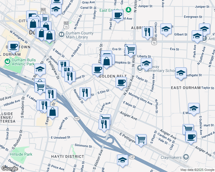 map of restaurants, bars, coffee shops, grocery stores, and more near 1003 Morning Glory Avenue in Durham
