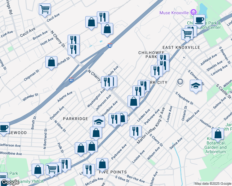 map of restaurants, bars, coffee shops, grocery stores, and more near 2611 Jefferson Avenue in Knoxville