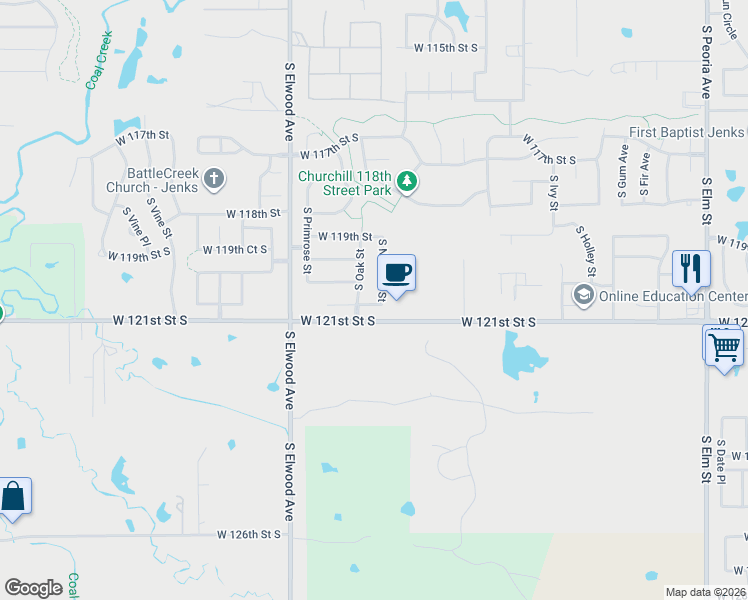 map of restaurants, bars, coffee shops, grocery stores, and more near 12005 South Nandina Street in Jenks