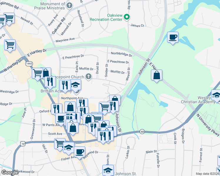 map of restaurants, bars, coffee shops, grocery stores, and more near 251 Northpoint Avenue in High Point