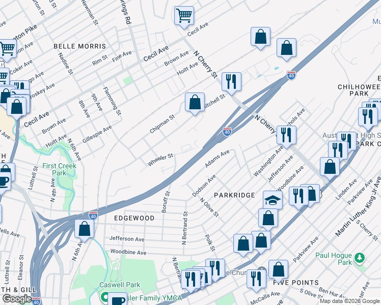 map of restaurants, bars, coffee shops, grocery stores, and more near 2328 Wheeler Street in Knoxville