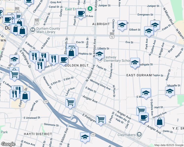 map of restaurants, bars, coffee shops, grocery stores, and more near 1204 Franklin Street in Durham