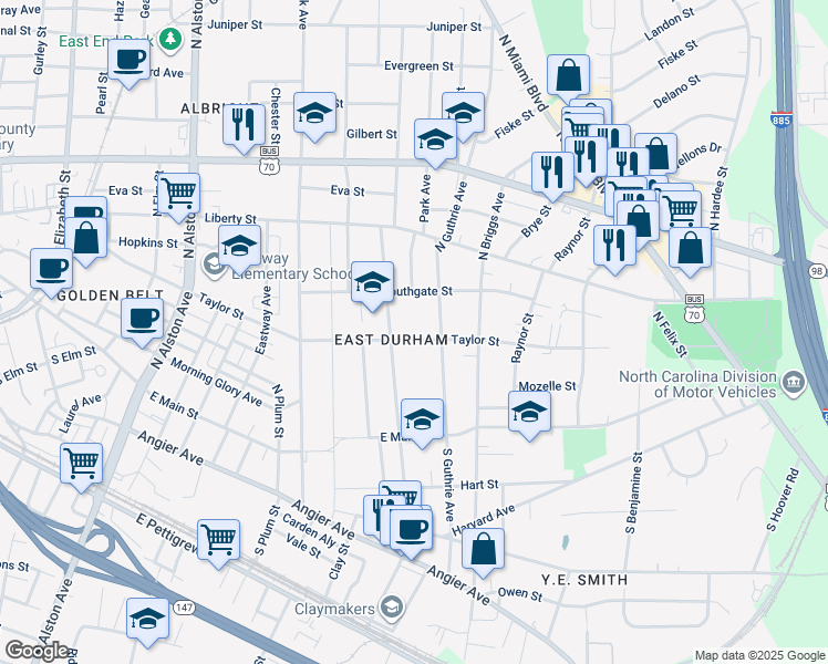 map of restaurants, bars, coffee shops, grocery stores, and more near 1909 Taylor Street in Durham