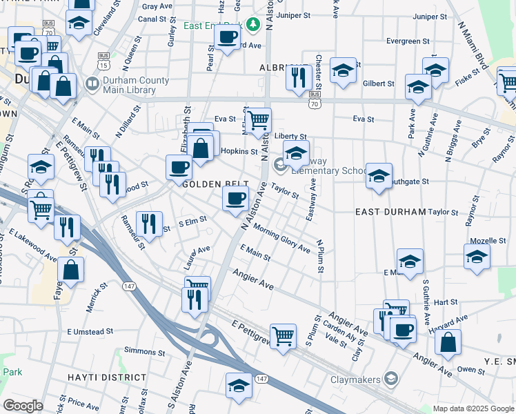 map of restaurants, bars, coffee shops, grocery stores, and more near 1204 Franklin Street in Durham