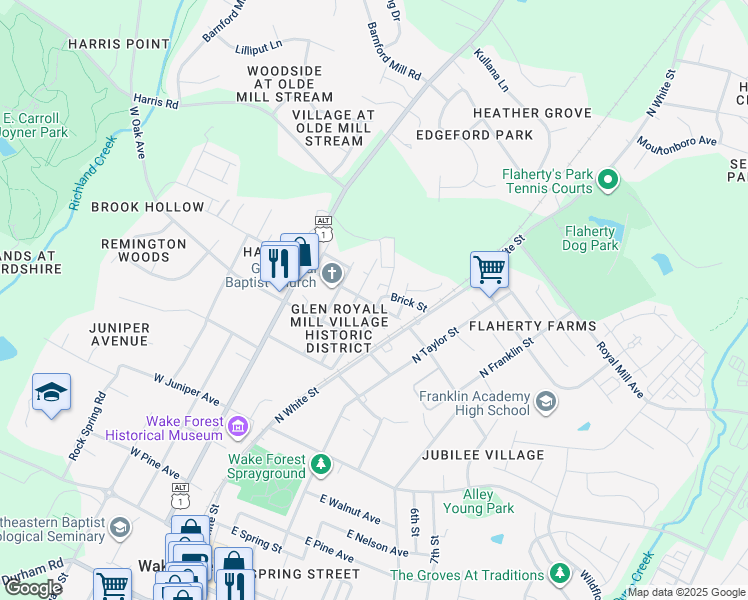 map of restaurants, bars, coffee shops, grocery stores, and more near 805 Brewer Avenue in Wake Forest