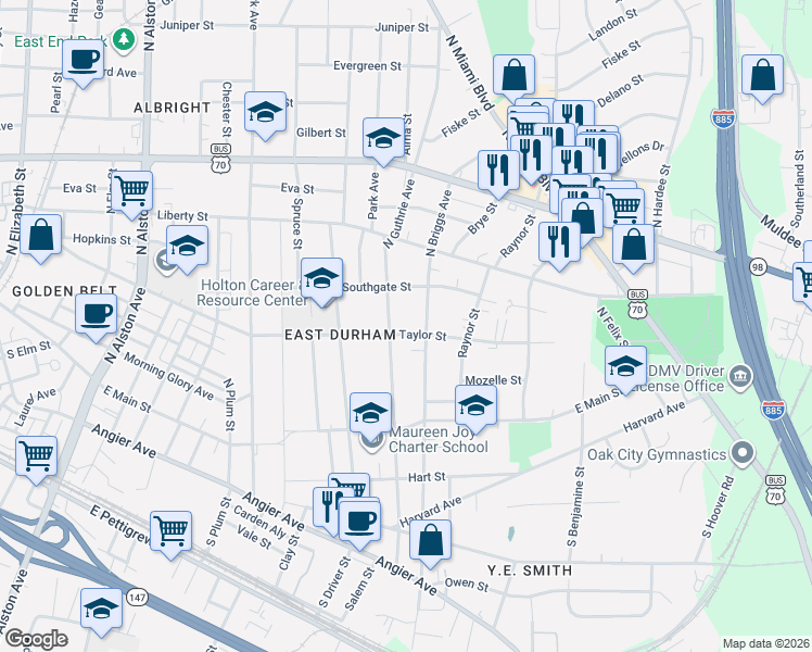 map of restaurants, bars, coffee shops, grocery stores, and more near 410 North Guthrie Avenue in Durham