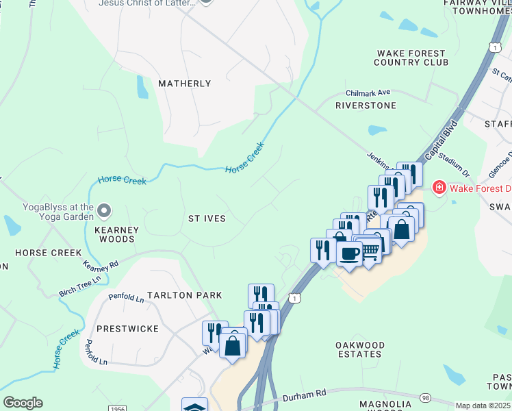 map of restaurants, bars, coffee shops, grocery stores, and more near 312 Capellan Street in Wake Forest