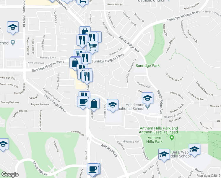 map of restaurants, bars, coffee shops, grocery stores, and more near 2544 Ashley Rose Terrace in Henderson