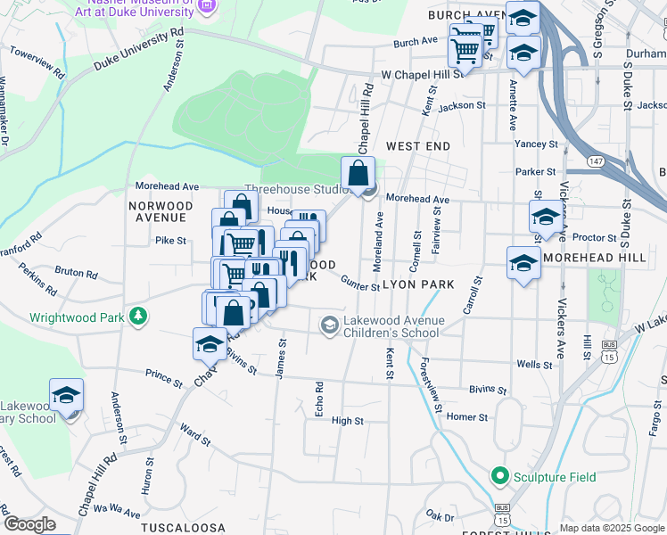 map of restaurants, bars, coffee shops, grocery stores, and more near 1704 Gunter Street in Durham