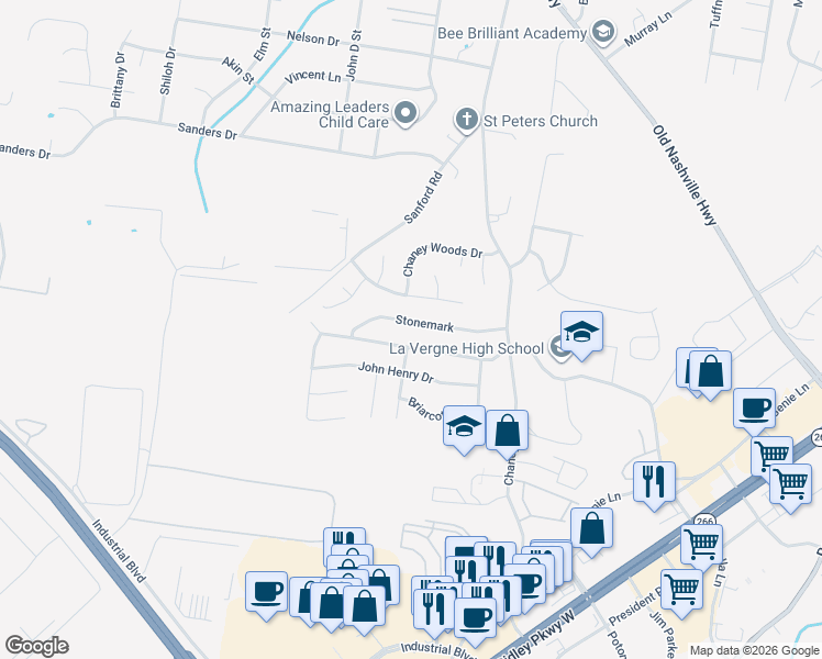 map of restaurants, bars, coffee shops, grocery stores, and more near 1047 Stonemark Trail in La Vergne