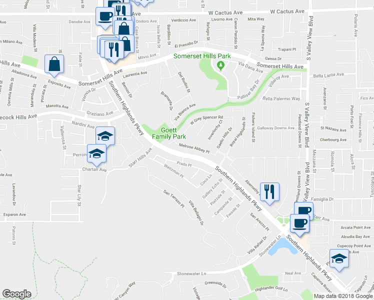 map of restaurants, bars, coffee shops, grocery stores, and more near 4453 Melrose Abbey Place in Las Vegas