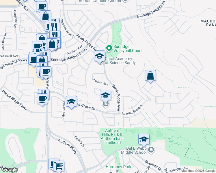 map of restaurants, bars, coffee shops, grocery stores, and more near 2388 Predera Avenue in Henderson