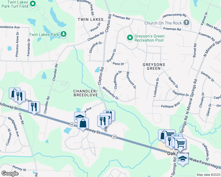 map of restaurants, bars, coffee shops, grocery stores, and more near 1 Linville Court in Durham