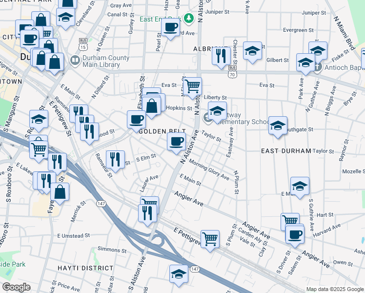 map of restaurants, bars, coffee shops, grocery stores, and more near 1101 Worth Street in Durham