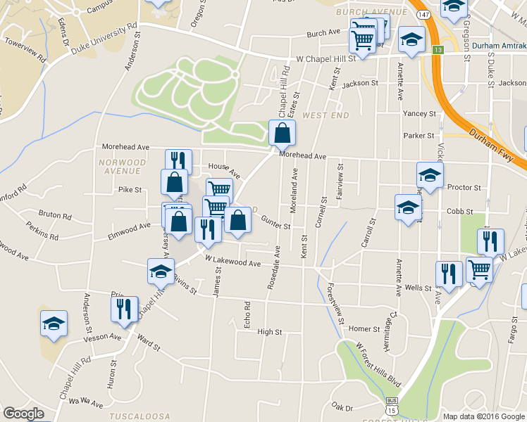 map of restaurants, bars, coffee shops, grocery stores, and more near 1036 Rosedale Avenue in Durham