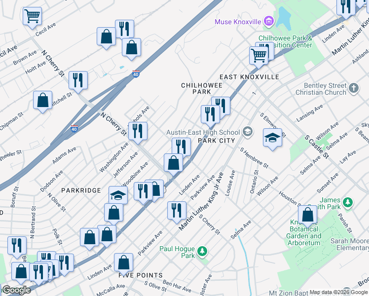 map of restaurants, bars, coffee shops, grocery stores, and more near 2701 East 5th Avenue in Knoxville