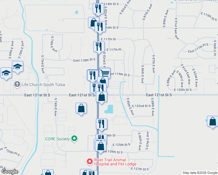 map of restaurants, bars, coffee shops, grocery stores, and more near 11926 South 83rd East Avenue in Bixby