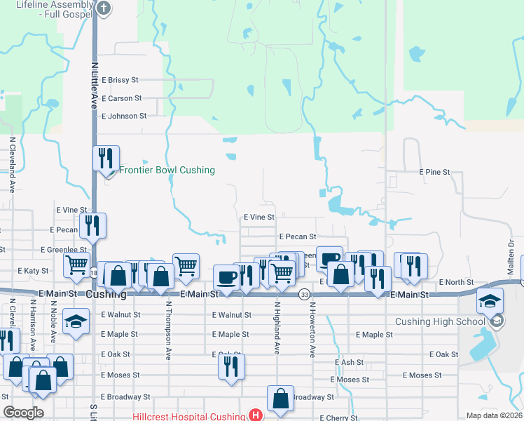 map of restaurants, bars, coffee shops, grocery stores, and more near 1028 East Vine Street in Cushing
