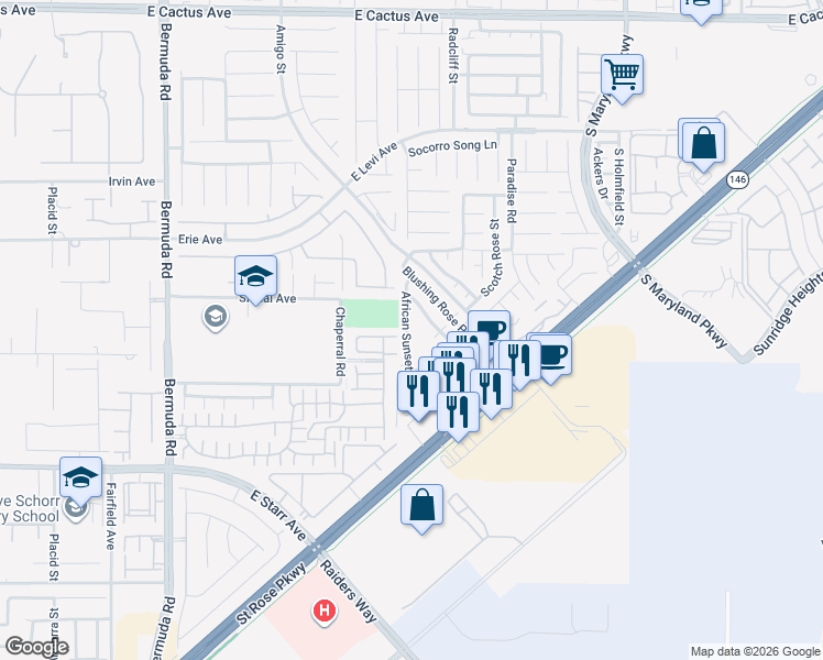 map of restaurants, bars, coffee shops, grocery stores, and more near 11038 African Sunset Street in Henderson