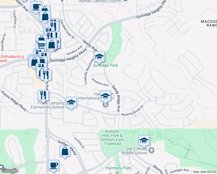 map of restaurants, bars, coffee shops, grocery stores, and more near 2387 Predera Avenue in Henderson