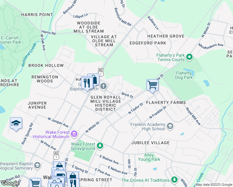 map of restaurants, bars, coffee shops, grocery stores, and more near 805 Brewer Avenue in Wake Forest