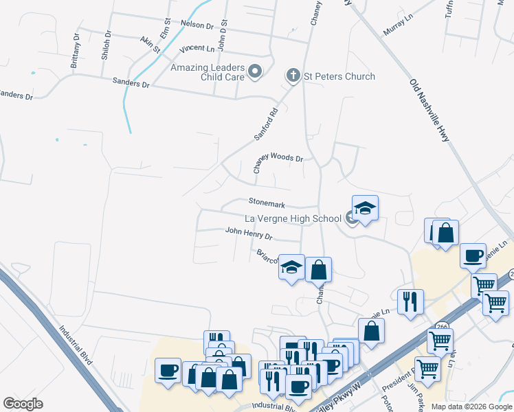 map of restaurants, bars, coffee shops, grocery stores, and more near 1053 Stonemark Trail in La Vergne