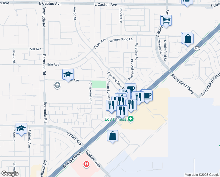 map of restaurants, bars, coffee shops, grocery stores, and more near 11038 African Sunset Street in Henderson