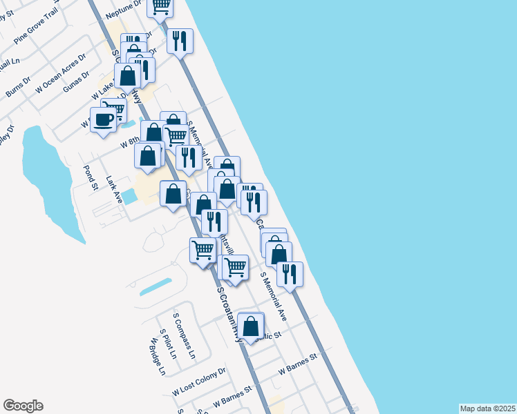 map of restaurants, bars, coffee shops, grocery stores, and more near 2404 South Oneto Lane in Nags Head