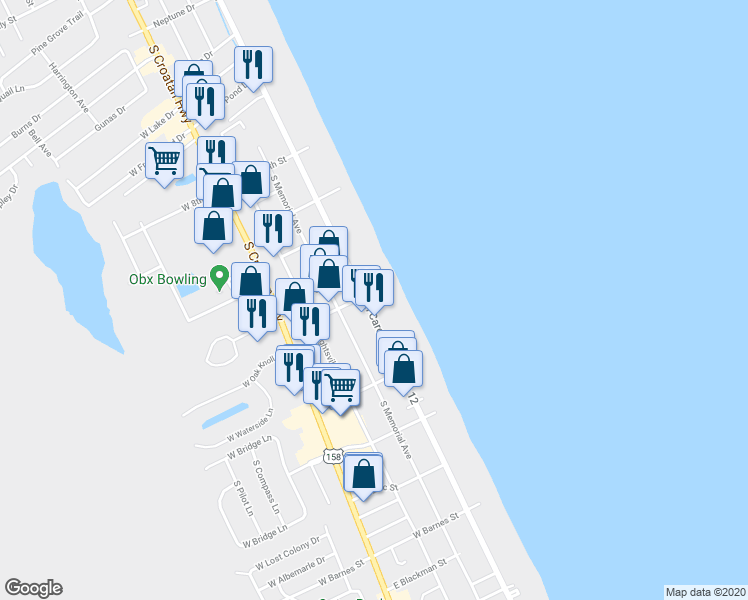 map of restaurants, bars, coffee shops, grocery stores, and more near 2404 South Oneto Lane in Nags Head