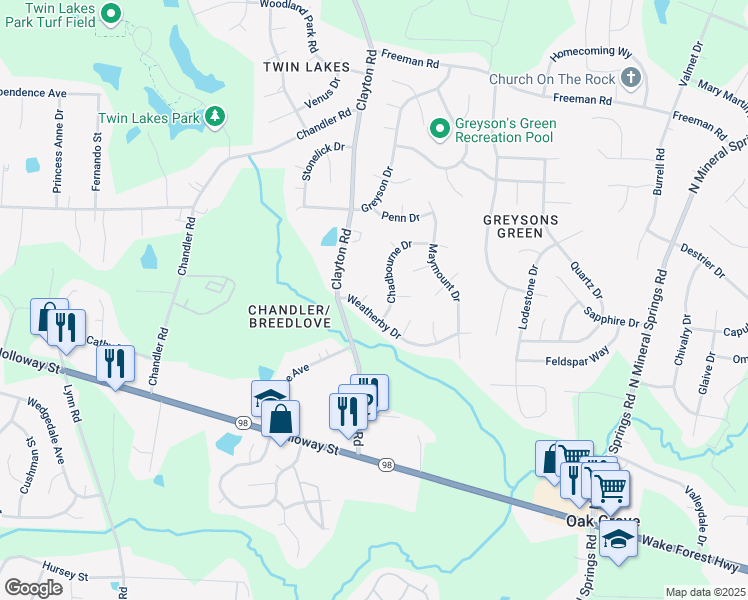 map of restaurants, bars, coffee shops, grocery stores, and more near 1 Linville Court in Durham