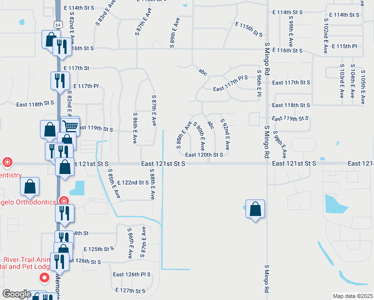 map of restaurants, bars, coffee shops, grocery stores, and more near 11948 South 89th East Avenue in Bixby