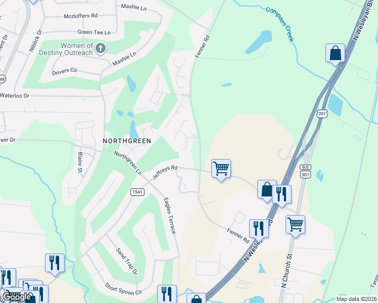 map of restaurants, bars, coffee shops, grocery stores, and more near 121 Pheasant Court in Rocky Mount
