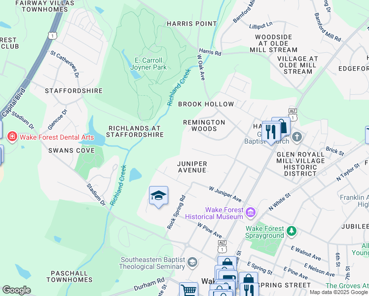 map of restaurants, bars, coffee shops, grocery stores, and more near 509 West Cedar Avenue in Wake Forest