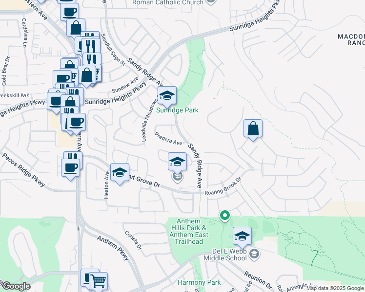 map of restaurants, bars, coffee shops, grocery stores, and more near 2387 Predera Avenue in Henderson