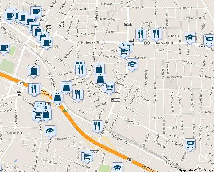 map of restaurants, bars, coffee shops, grocery stores, and more near 1007 Morning Glory Avenue in Durham