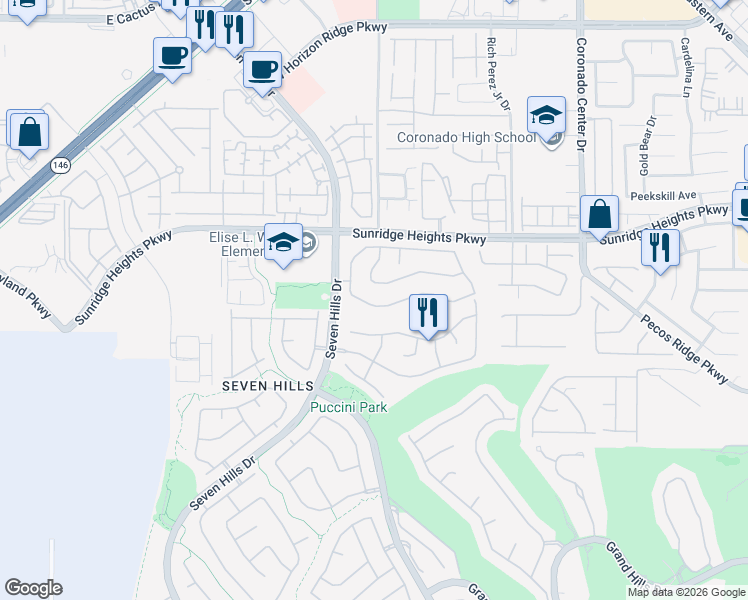 map of restaurants, bars, coffee shops, grocery stores, and more near 3022 Panorama Ridge Drive in Henderson