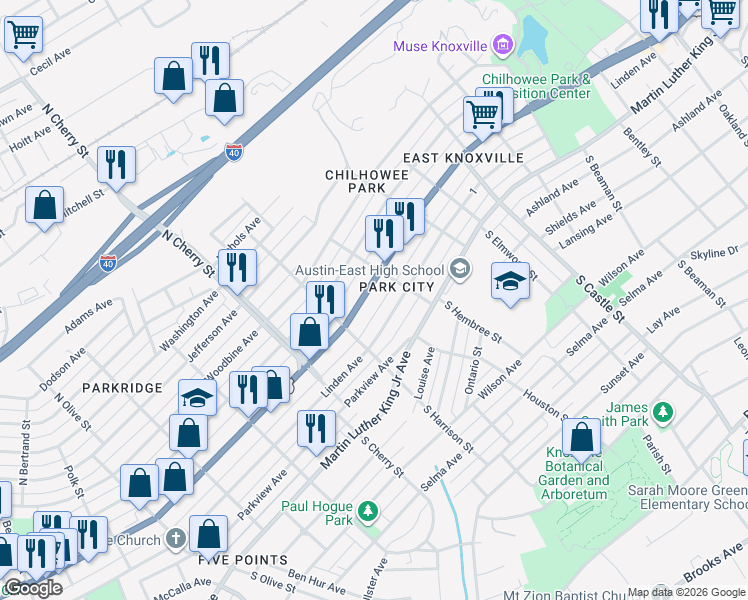 map of restaurants, bars, coffee shops, grocery stores, and more near 2730 East Magnolia Avenue in Knoxville