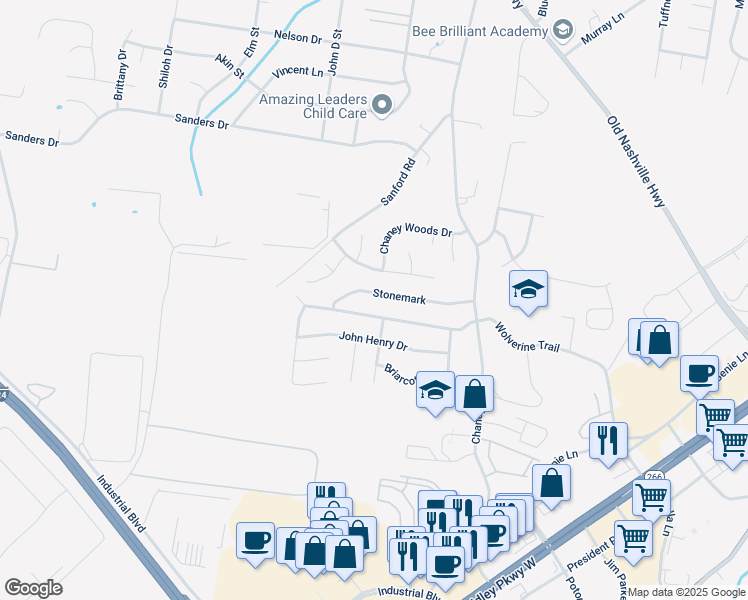 map of restaurants, bars, coffee shops, grocery stores, and more near 1053 Stonemark Trail in La Vergne