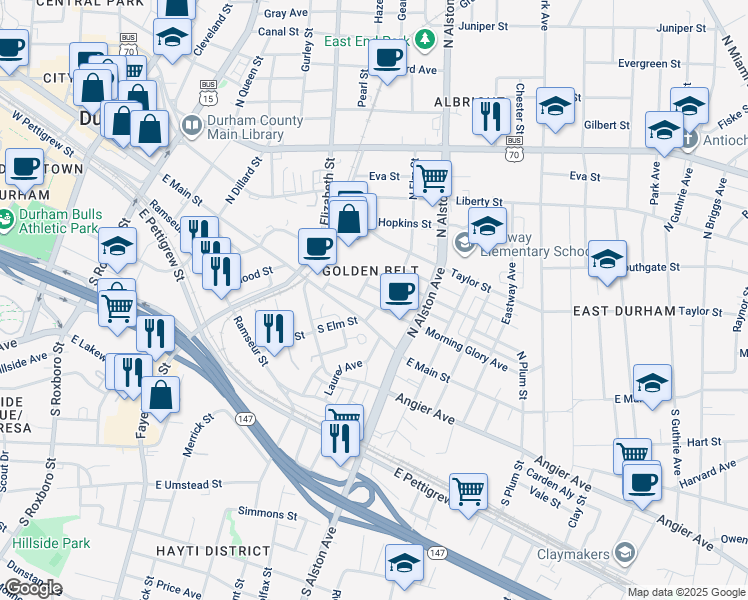 map of restaurants, bars, coffee shops, grocery stores, and more near 1007 Morning Glory Avenue in Durham