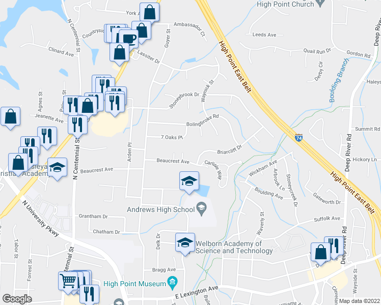map of restaurants, bars, coffee shops, grocery stores, and more near 1629 Beaucrest Avenue in High Point