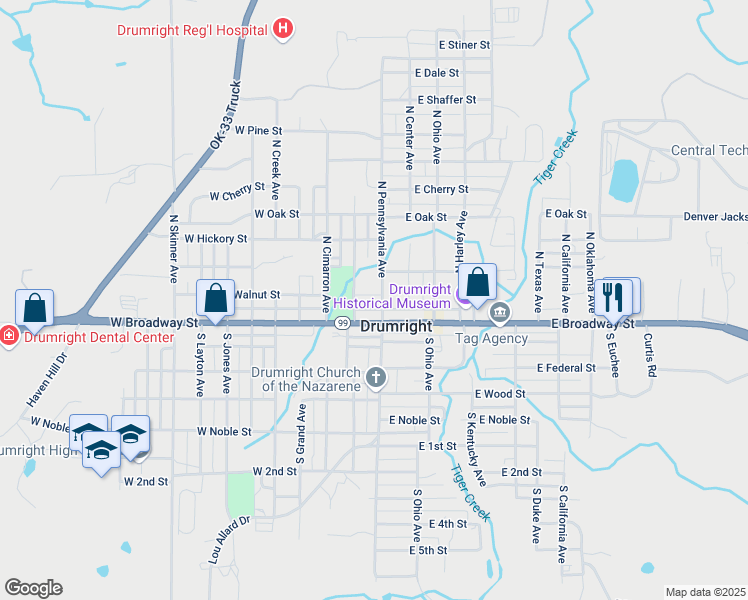 map of restaurants, bars, coffee shops, grocery stores, and more near 115 North Pennsylvania Avenue in Drumright