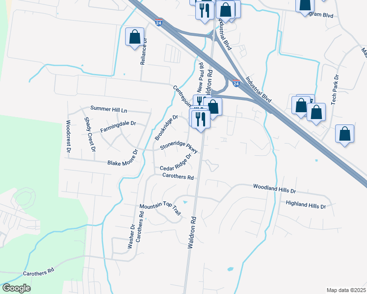 map of restaurants, bars, coffee shops, grocery stores, and more near 110 Stoneridge Parkway in La Vergne