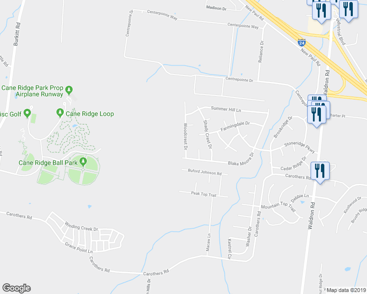 map of restaurants, bars, coffee shops, grocery stores, and more near 598 Woodcrest Drive in La Vergne